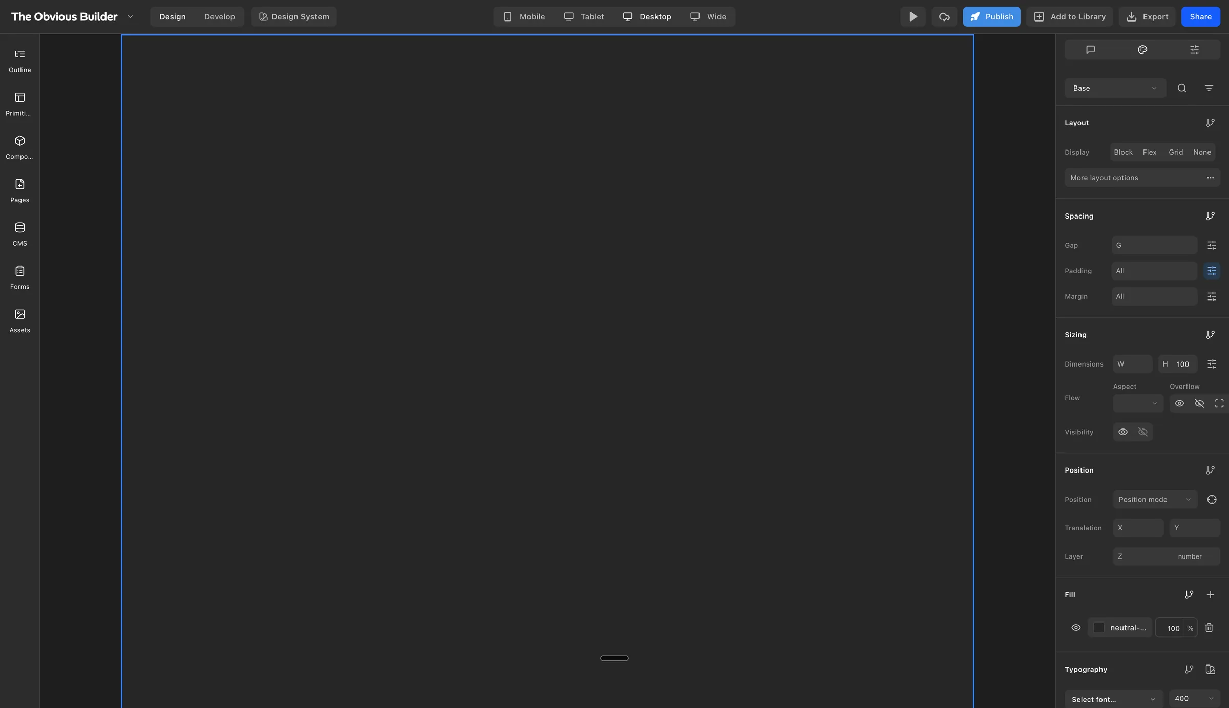 Obvious Builder interface with its canvas, page tools, and visual styling panel
